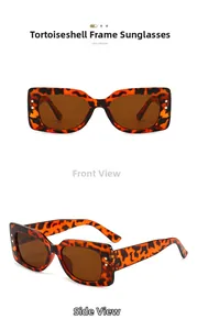 Detail view of tortoiseshell sunglasses with brown lenses and golden star accents