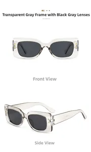 Detail view of transparent grey square sunglasses with star studs and grey lenses