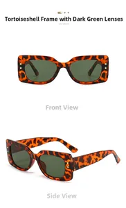 Front and side views of tortoise shell sunglasses with gold star details and green lenses