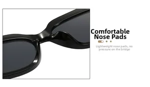 Detail view of smooth integrated nose pads on trendy black square sunglasses