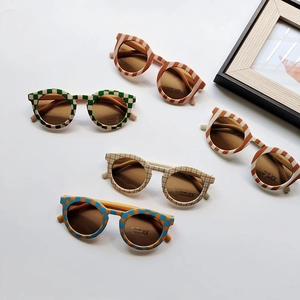 Retro checkerboard and striped round sunglasses set for kids with UV400 protection