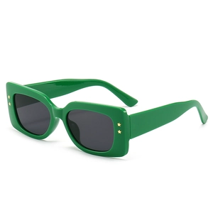 Green vintage square sunglasses with gold star rivets and black lenses for women