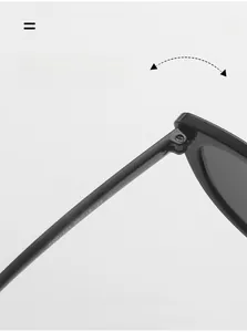 Detailed close-up of sturdy metal hinges and specifications on cat eye sunglasses