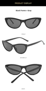 Three-way view of cat-eye sunglasses featuring black frames and solid grey lenses