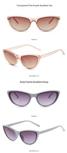 Close-up of tea and gray cat eye sunglasses with gradient lenses and 45-degree angle display