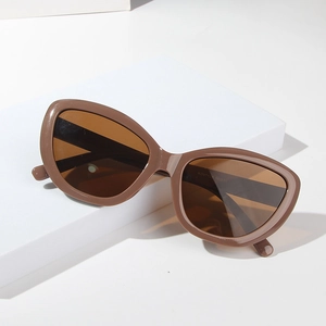 Macro detail of retro cat eye sunglasses with brown glossy frames and matching lenses