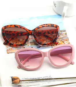 Close-up of cat-eye sunglasses in leopard print and pink on a fashion magazine