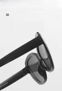 Detail view of the metal hinge and printed specifications on cat-eye sunglasses