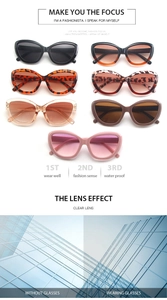 Detailed collection of cat eye sunglasses in seven colors with high-definition lens view