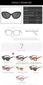 Detailed size chart and dimensions for cat-eye oversized fashion sunglasses with PC frame