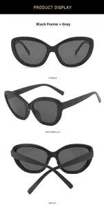 Three views of black cat eye sunglasses showing front, 45-degree and back angles