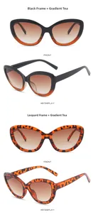 Detail view of cat-eye sunglasses in leopard and black-tea frames with gradient lenses