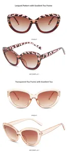 Detail view of cat eye sunglasses in leopard print and transparent brown frames