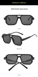 Trois perspectives de lunettes de soleil carrées géométriques avec double pont et monture noire