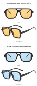 Détails de lunettes de soleil carrées à double pont avec verres jaunes et bleus