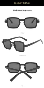 Black square frame sunglasses with grey lenses shown in front and side view detail
