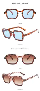 Detail view of retro square leopard print sunglasses with blue and tea gradient lenses