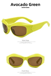 Detail view of avocado green futuristic Y2K sunglasses with textured geometric temples