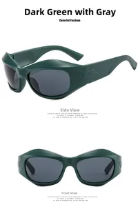 Detail view of Y2K futuristic sunglasses with matte green frames and grey lenses
