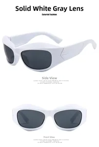 Front and side views of Y2K futuristic white wrap-around sunglasses with grey lenses