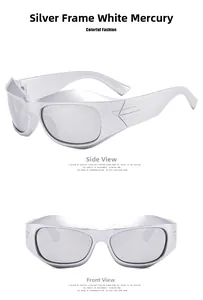Detail of silver Y2K sunglasses with mirror lenses and futuristic geometric frame
