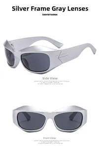 Detailed side and front view of silver Y2K sunglasses with grey lenses and metallic stripes