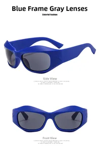 Y2K futuristic blue frame sunglasses with gray lenses, side and front view details