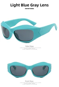 Detail view of Y2K futuristic sunglasses with blue light frames and gray lenses