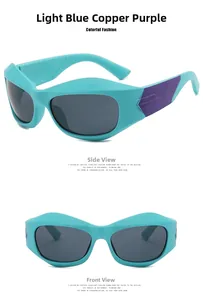 Detailed side and front view of futuristic Y2K sunglasses with light blue and purple frames