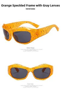 Detail view of Y2K sunglasses with orange speckled frame and grey lenses from two angles
