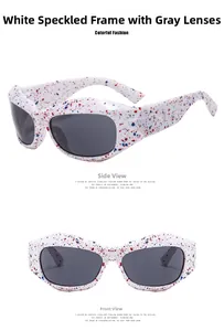 Front and side views of Y2K wraparound sunglasses with white red blue paint splash frames