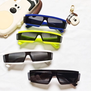 Futuristic kids shield sunglasses with thick square frames in blue yellow white and black