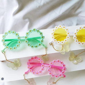 Occhiali Da Sole Tondi Per Bambini Protezione UV400 Margherita Montatura In Resin Con Catena Farfalla Per Ragazze