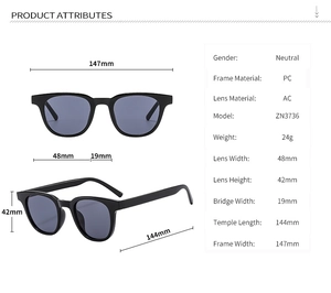 Detailed size chart and specifications for neutral black PC frame sunglasses