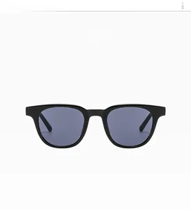 Detailed front view of classic black square sunglasses frames with smoke grey lenses