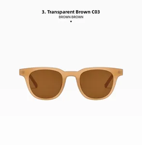 Detail view of transparent tea lenses and retro square frames on the C03 sunglasses
