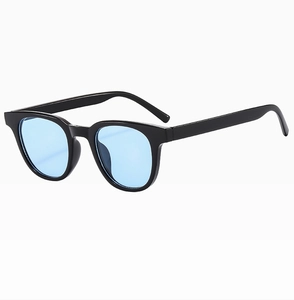 Detailed side view of classic square sunglasses with black frame and blue lenses