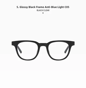 Detail of bright black resin sunglasses frame with clear anti-blue light lenses