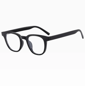 Detailed side view of classic black square eyewear frame with blue light blocking lenses