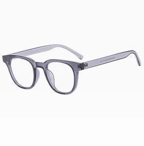 Macro shot of transparent grey resin eyewear frame showing model number and size details