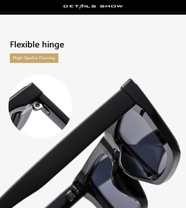 Detail of high quality black square sunglasses featuring a durable flexible hinge structure