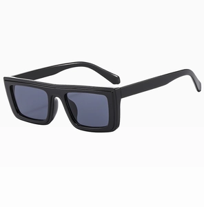 Close-up of black square resin sunglasses featuring wide temples and dark protective lenses