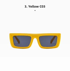 Detail view of bold yellow square resin sunglasses C03 with dark lenses and thick frames