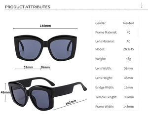 Detailed size chart and material specs for oversized square unisex UV400 sunglasses