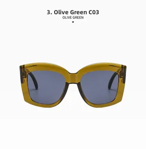 Detail of olive green translucent thick frame sunglasses with dark grey tinted lenses