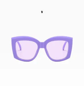 Detail view of purple thick-frame cat-eye sunglasses with light purple tinted lenses