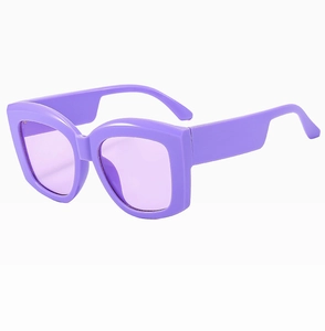 Detail of trendy purple thick-frame square sunglasses with light purple tinted lenses