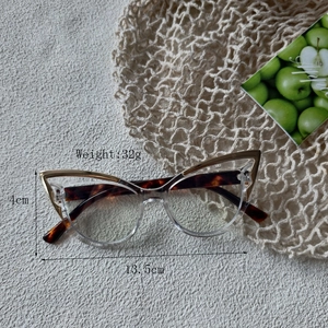 Cat eye glasses frame detail with tortoise shell patterns and metal trim dimensions