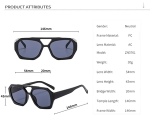 Detailed size chart for square double-bridge sunglasses with product dimensions in millimeters
