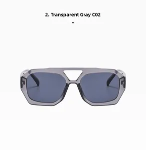 Close-up of transparent grey double-bridge sunglasses with hexagonal frames and dark lenses